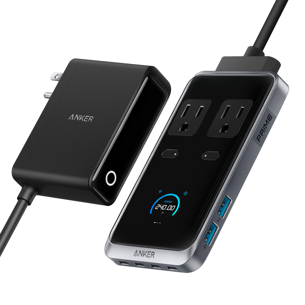 Anker power adapter and power strip with multiple outlets and USB ports on a transparent background