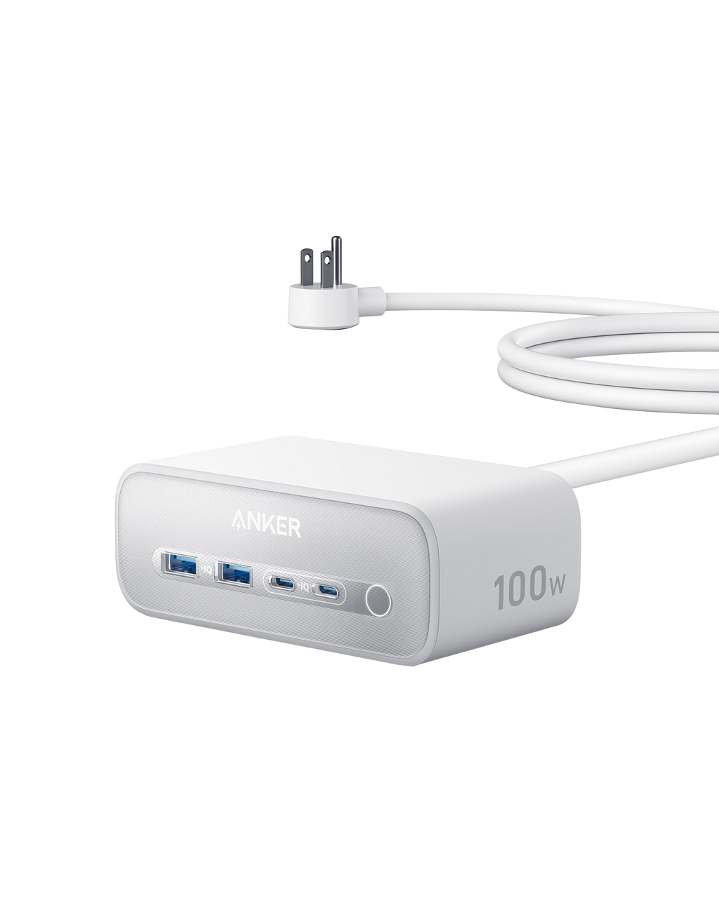 Anker power adapter with multiple ports on a white background