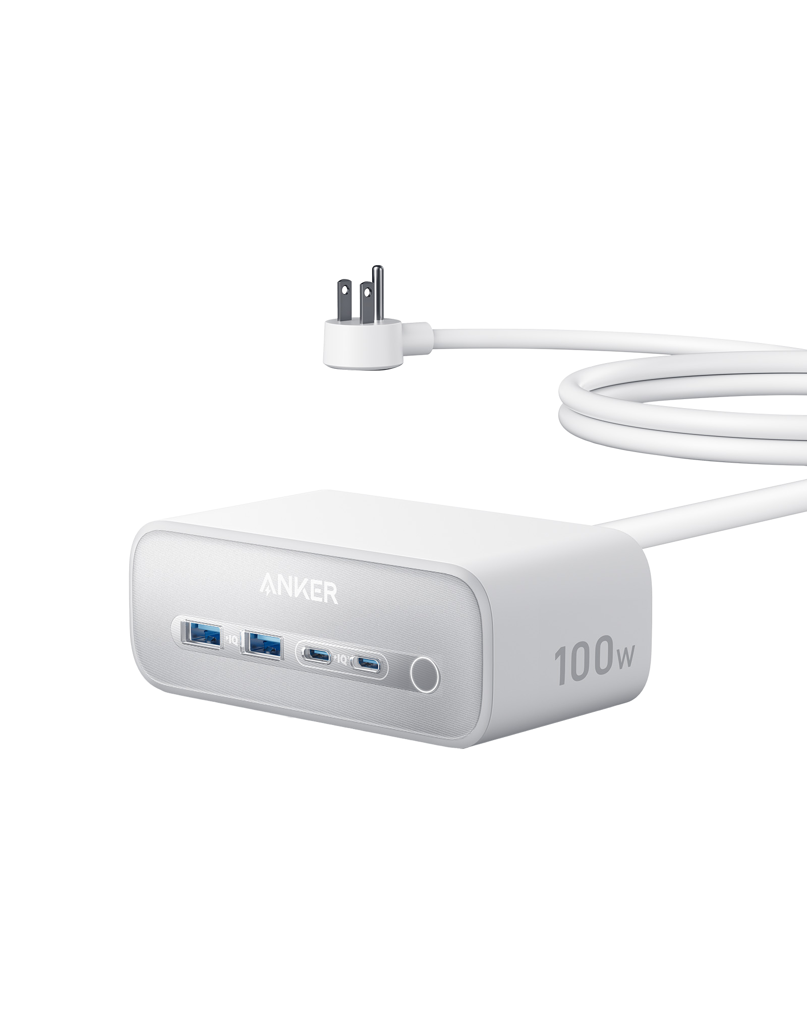 Anker power adapter with multiple ports on a white background