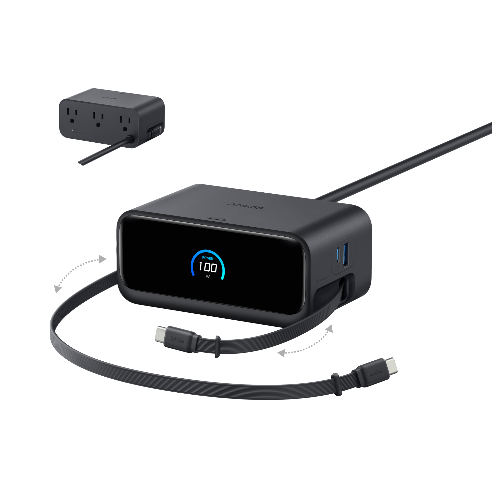 Black power adapter with multiple ports and cables on a white background