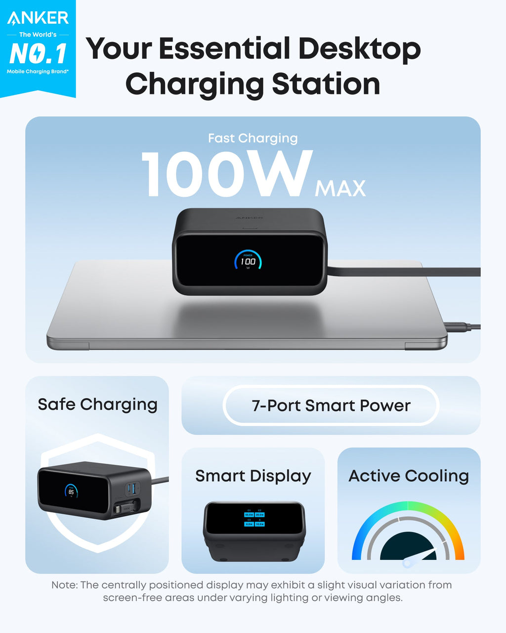 Anker desktop charging station with 100W max capacity on a light blue background