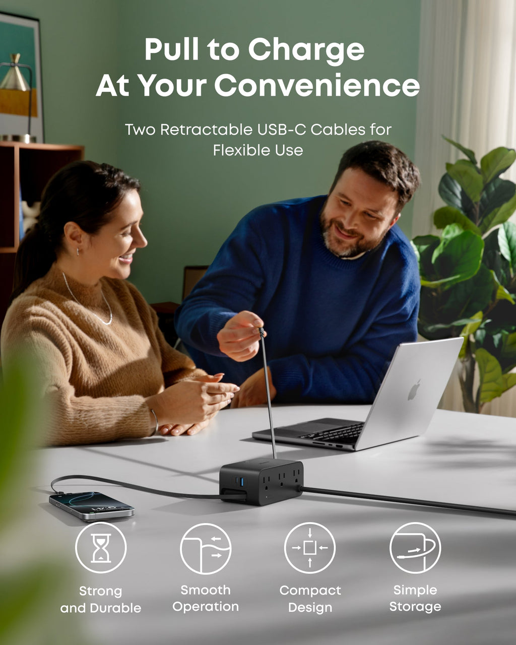 Two people using a charging device with retractable USB-C cables in a home office setting.