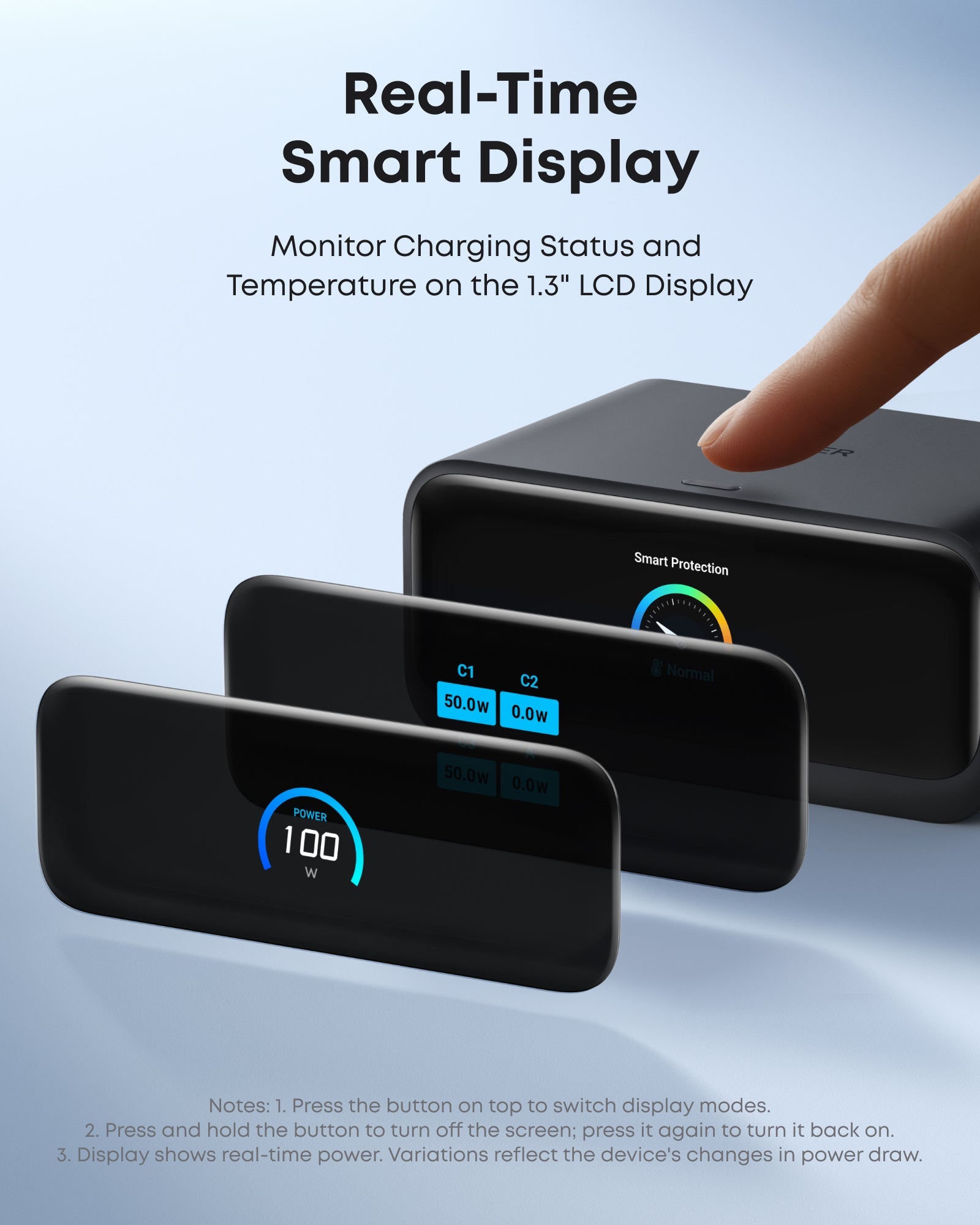 Real-Time Smart Display with 1.3" LCD display showing charging status and temperature on a light blue background.