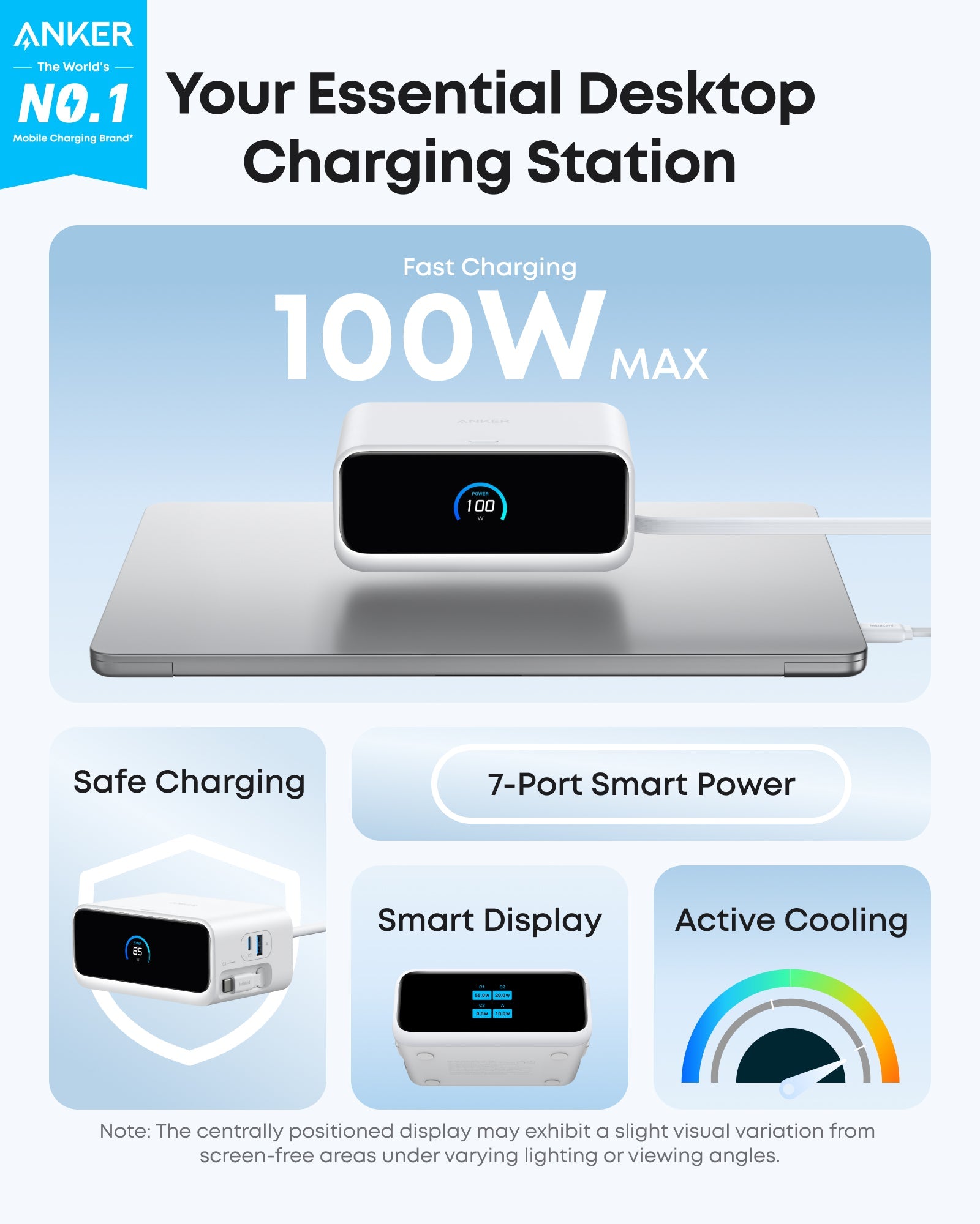 Anker essential desktop charging station with 100W max capacity on a light blue background
