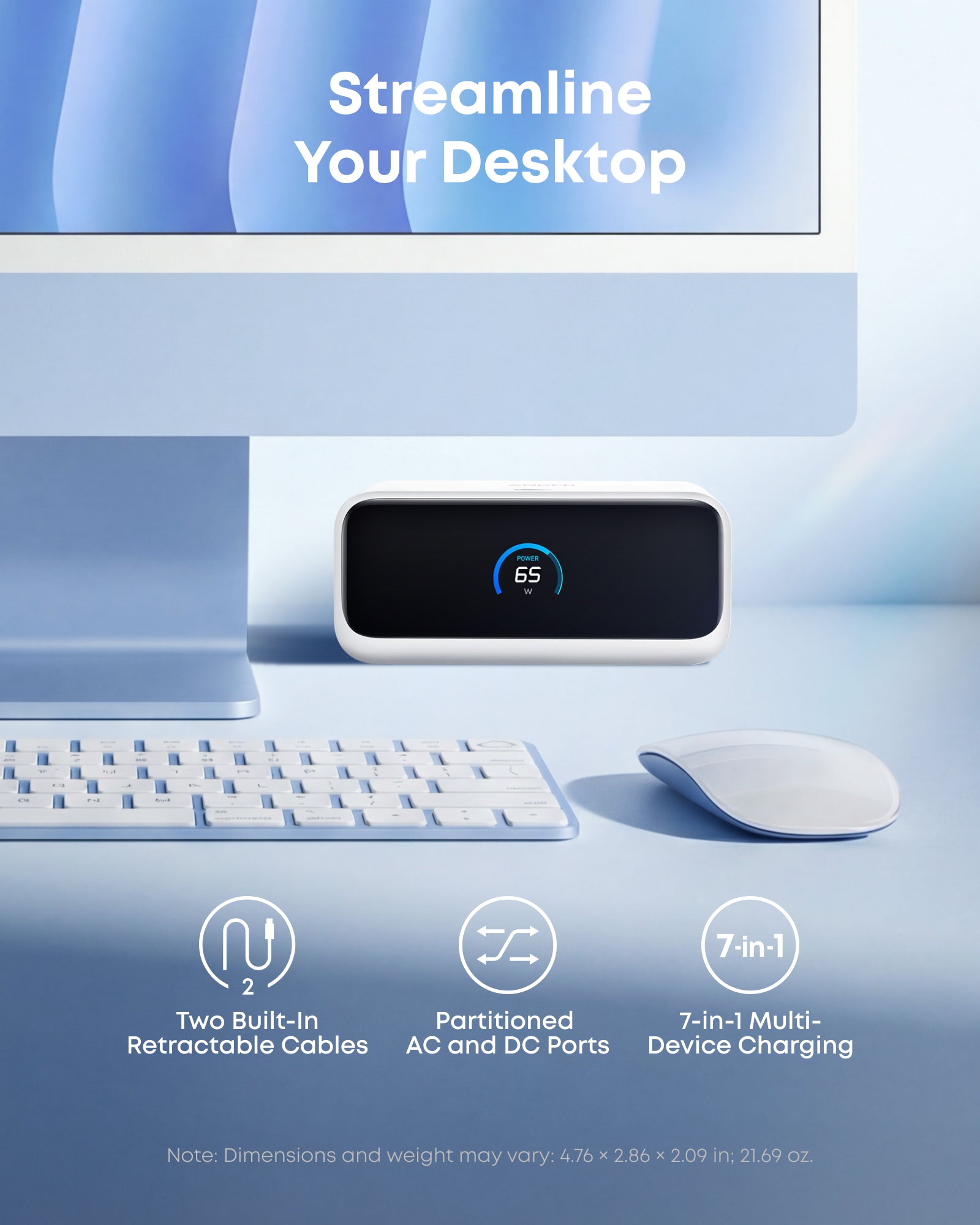 Computer monitor with keyboard and mouse on a blue background, featuring text 'Streamline Your Desktop'.