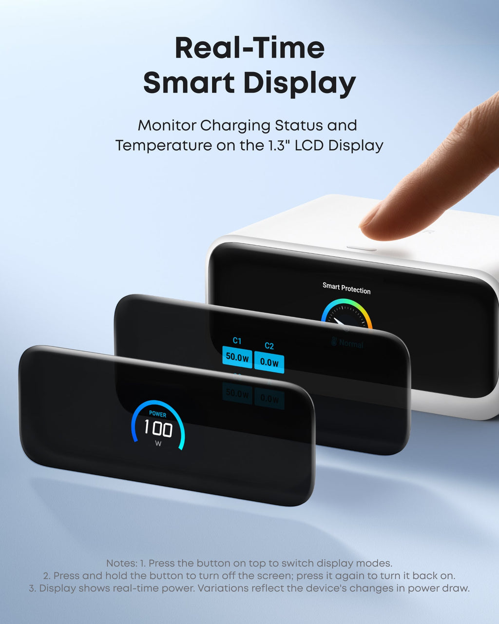 Real-Time Smart Display with 1.3" LCD display showing charging status and temperature on a light blue background.