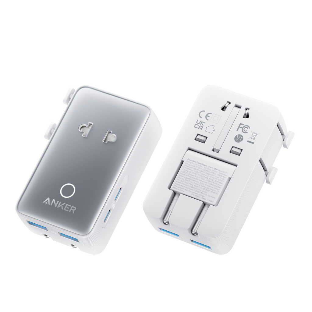Anker power adapter and USB hub on a white background