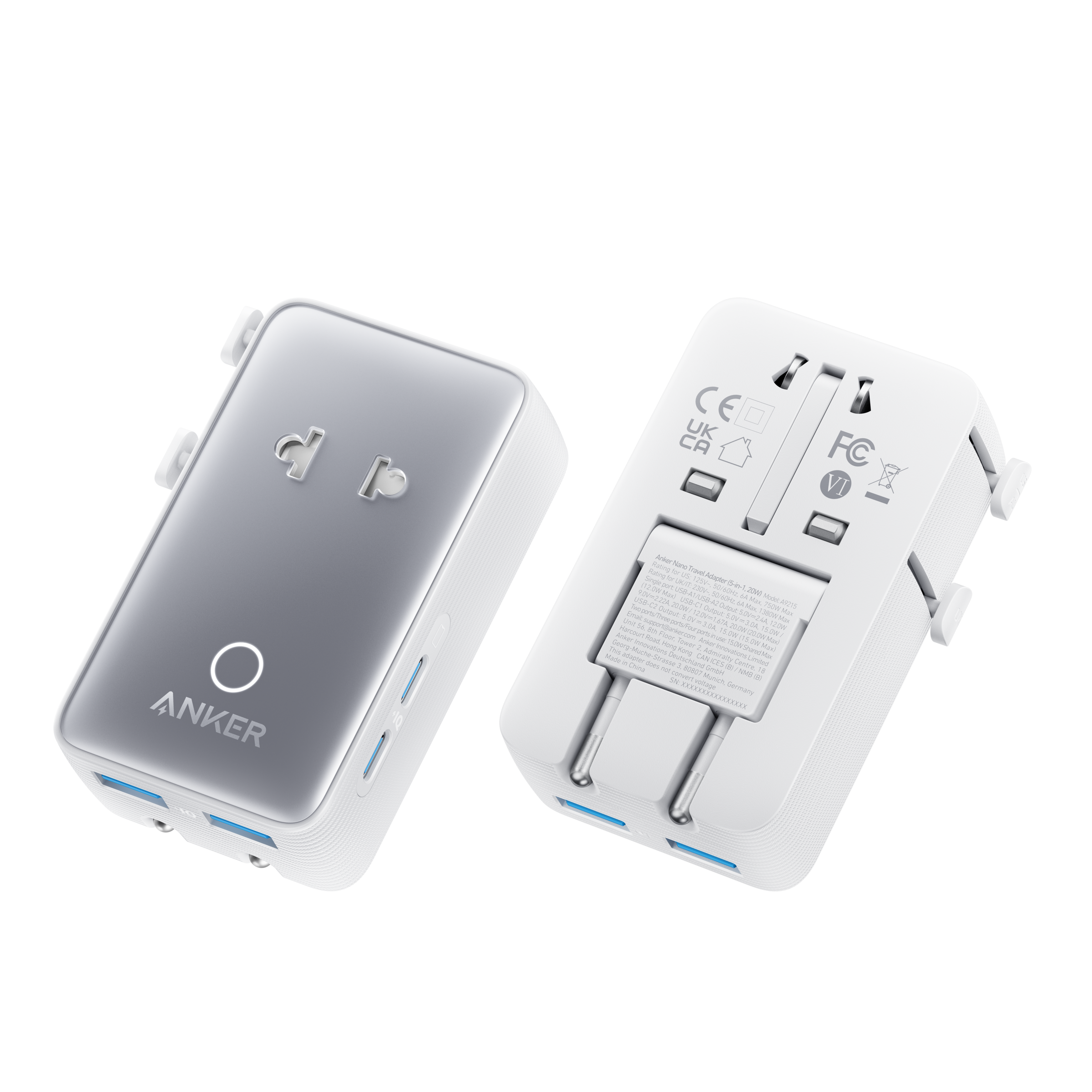 Anker power adapter and USB hub on a white background