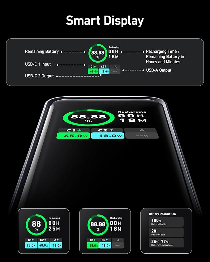 Smart display with battery and charging information on a black background