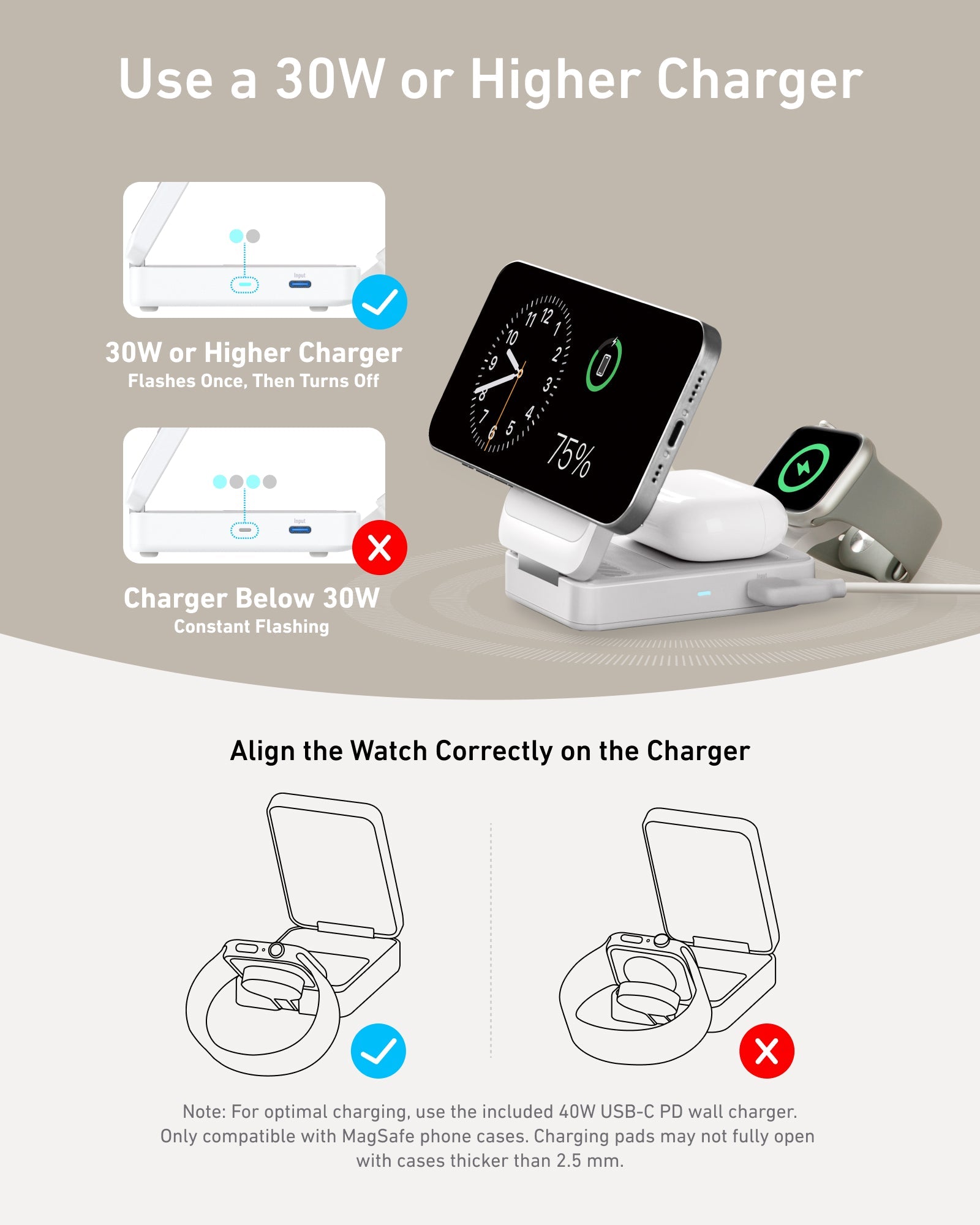 Instructions for using a 30W or higher charger with a smart device on a gray background.