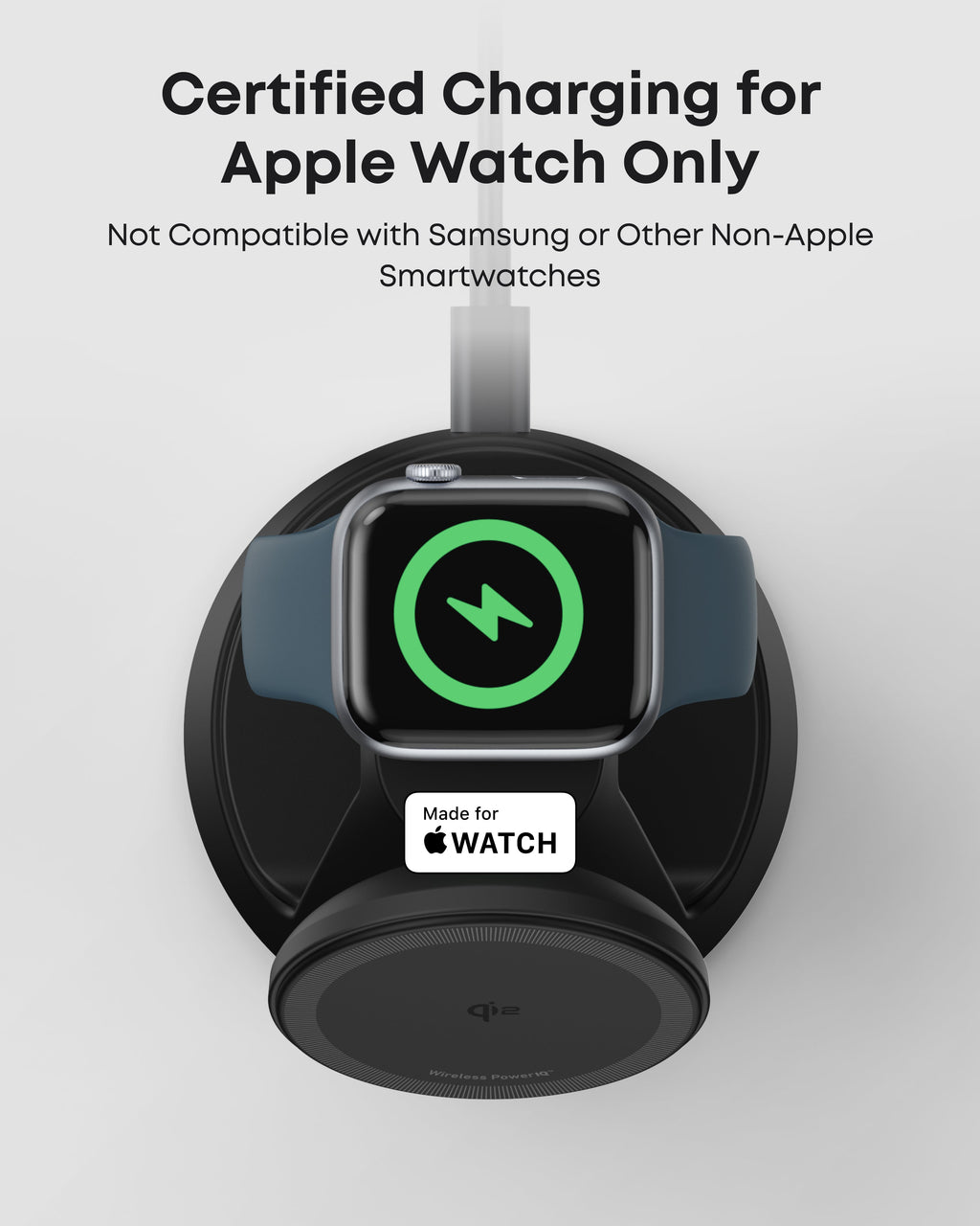 Apple Watch charging stand with text indicating compatibility only for Apple Watch.