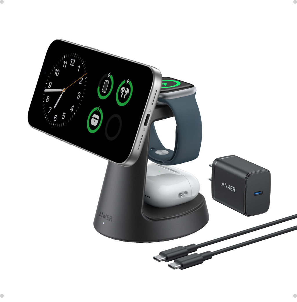 Smartphone, smartwatch, and wireless charger on a white background with Anker branding.