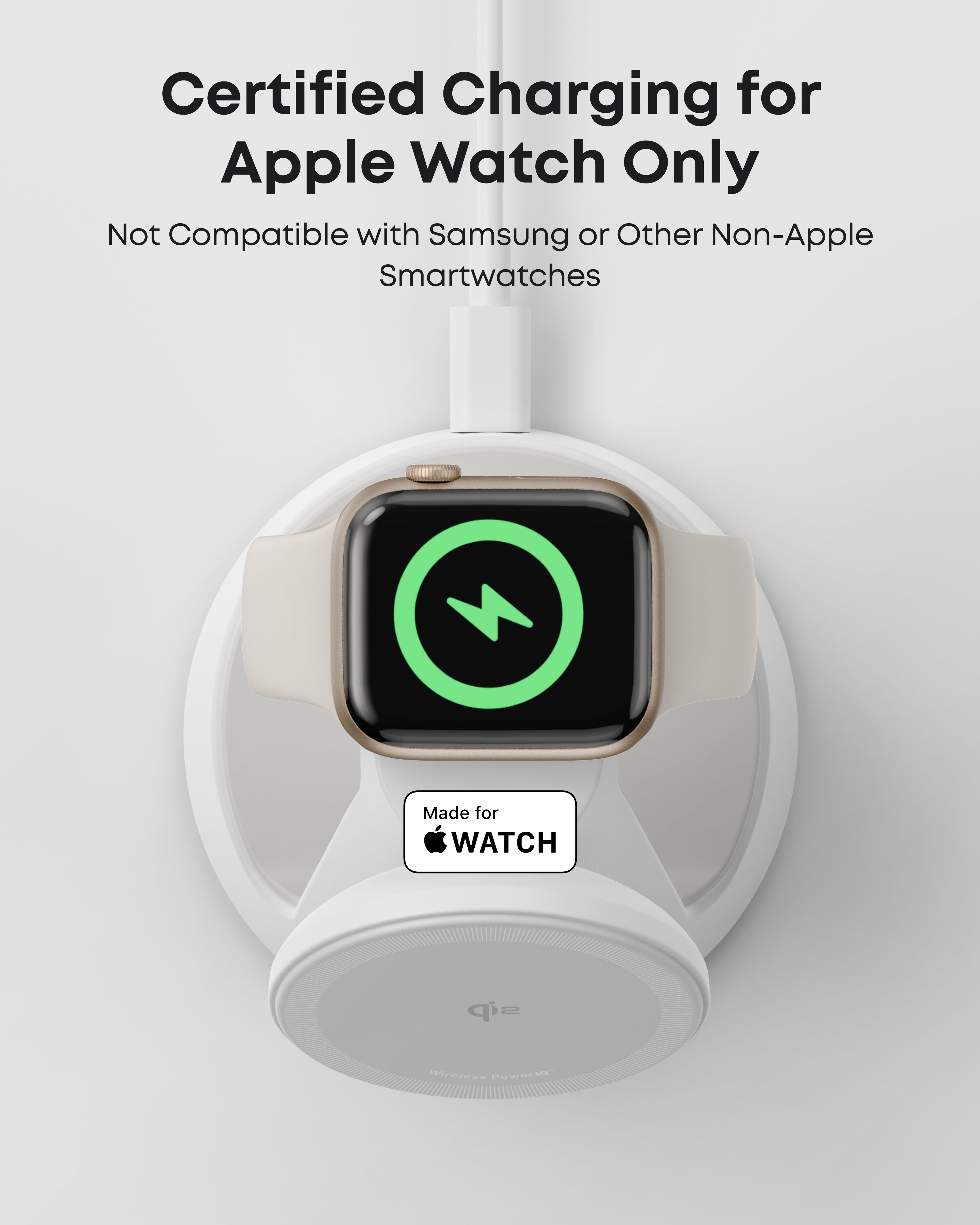 Wireless charger with an Apple Watch on it, indicating compatibility with Apple devices only.