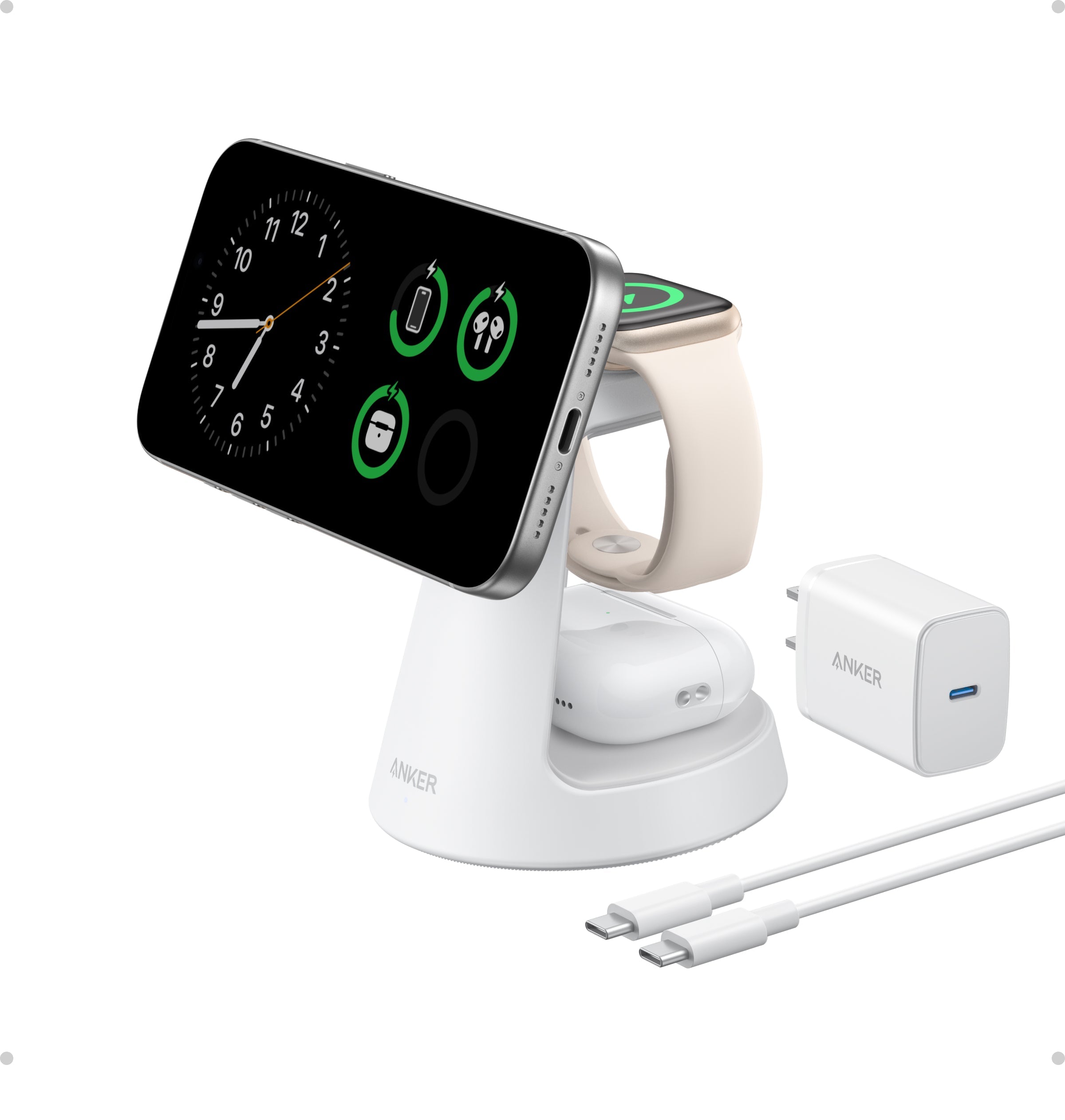 Smartphone, smartwatch, and power adapter on a white background
