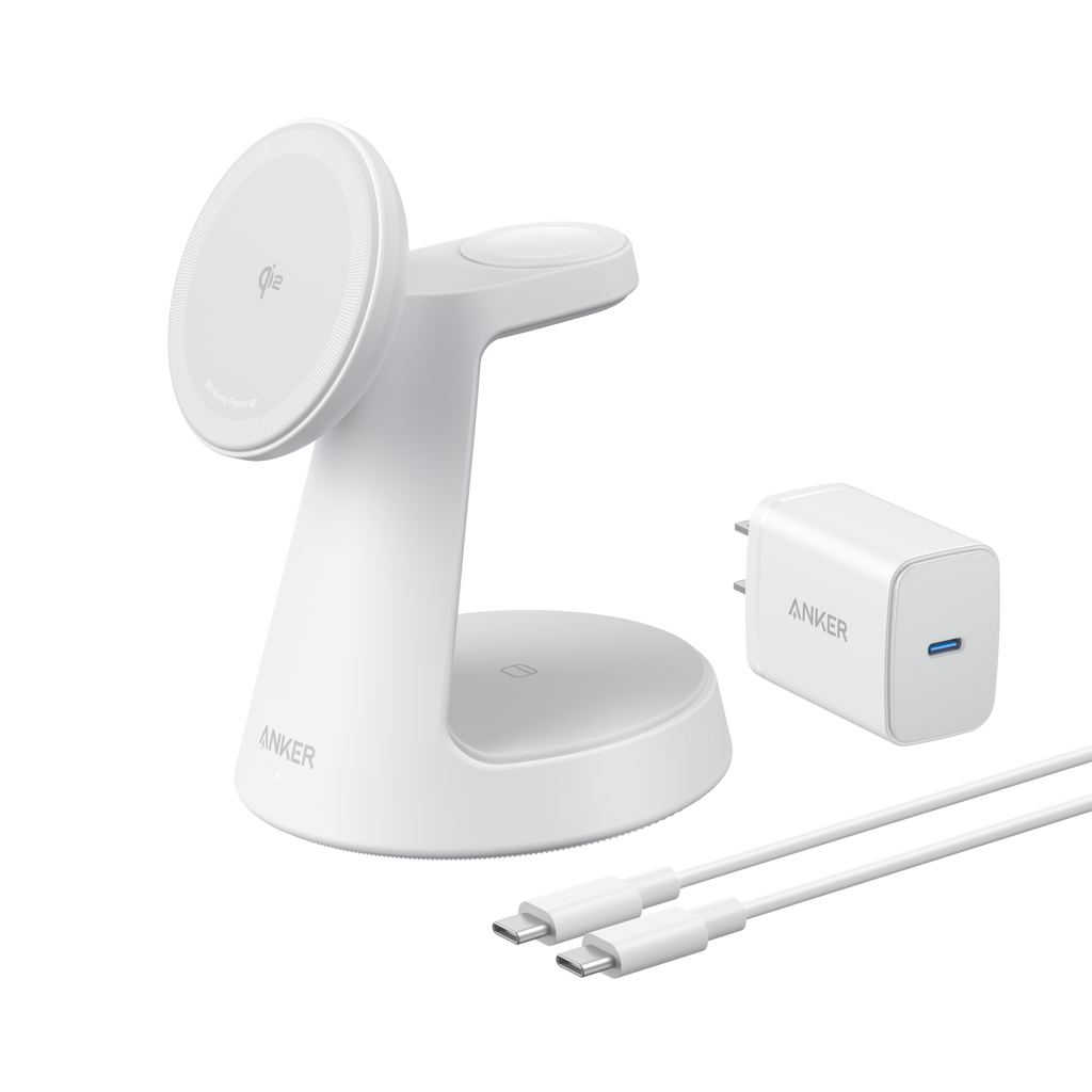 Anker charging station with power adapter and cable on a white background