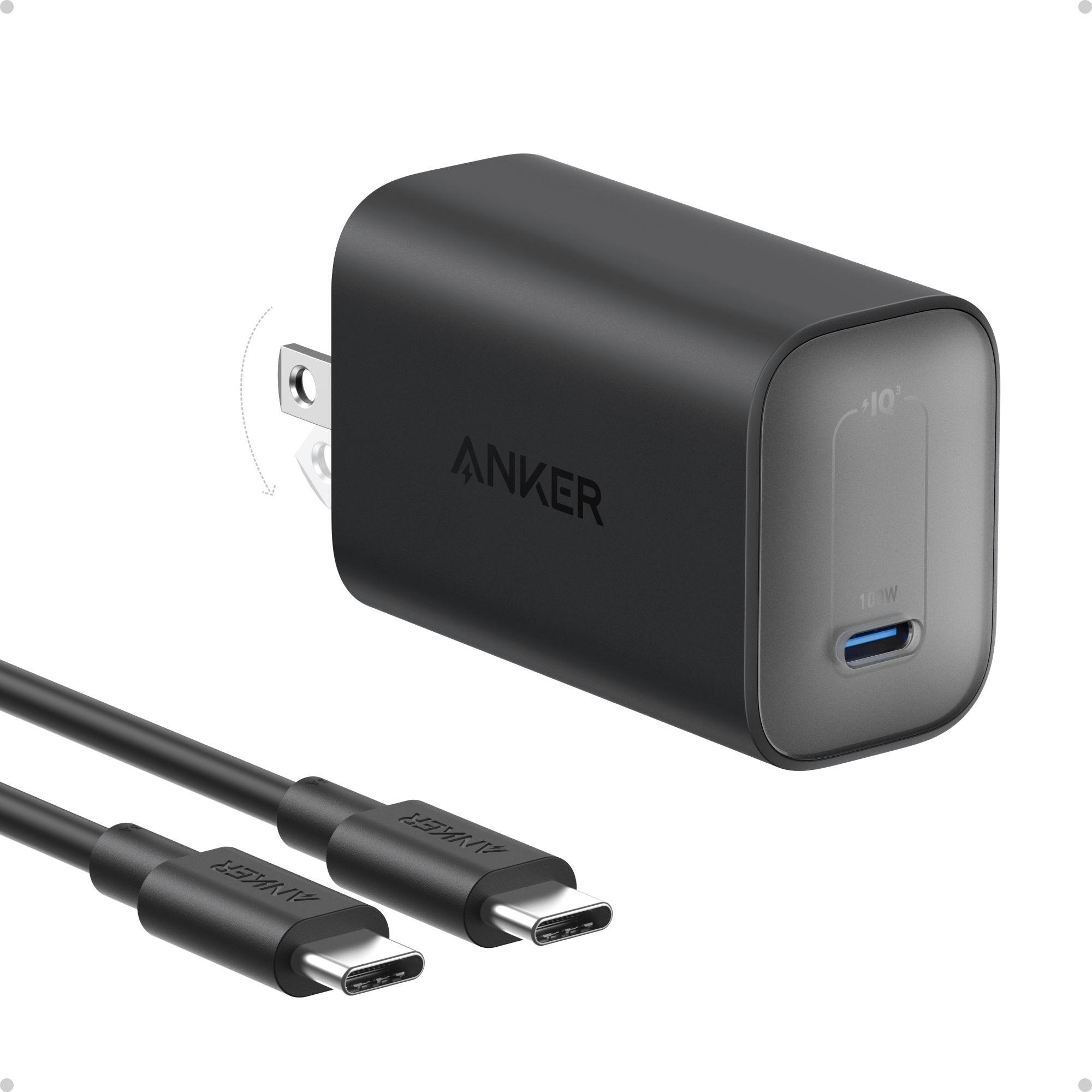 Anker power adapter with USB-C cable on a white background