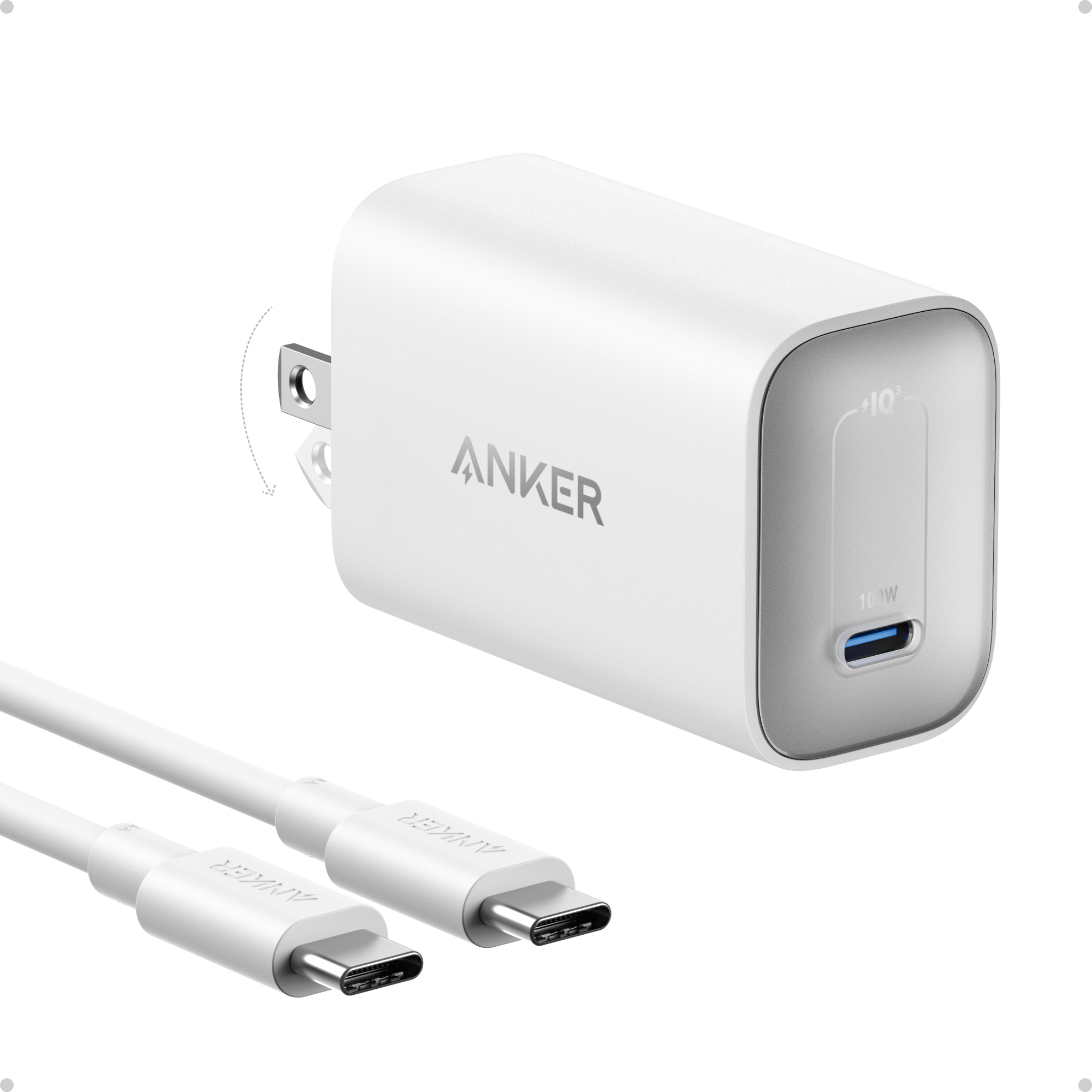 Anker power adapter with USB-C cable on a white background