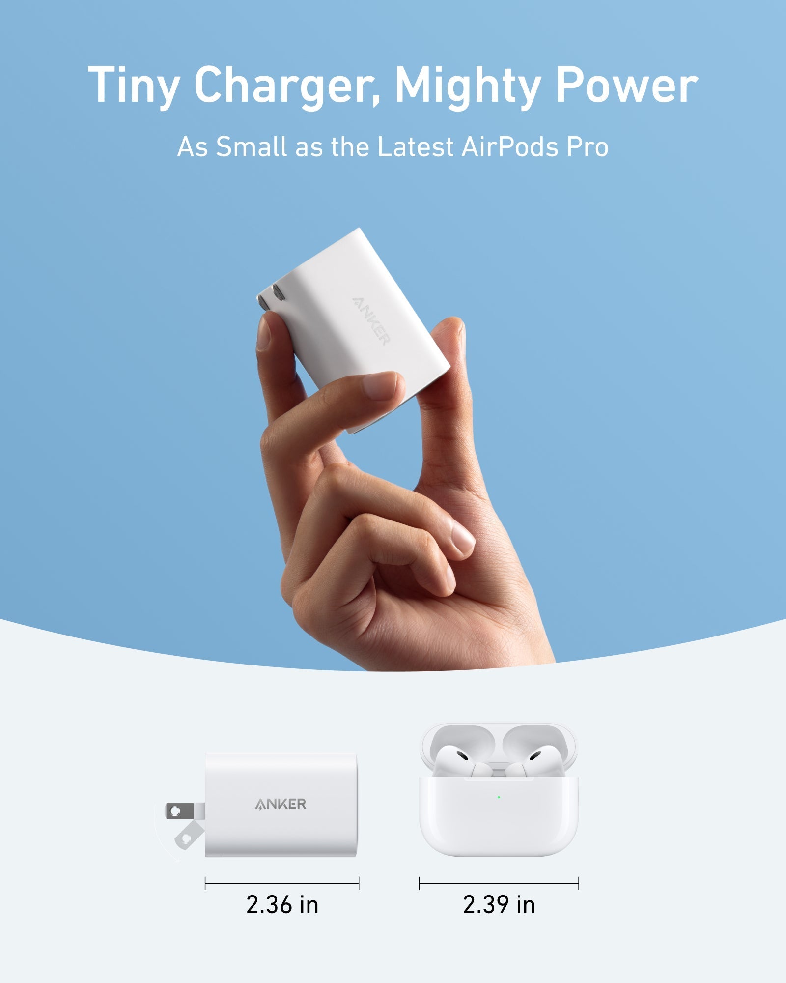 Hand holding a small white power bank with text about its size compared to AirPods Pro on a blue background.