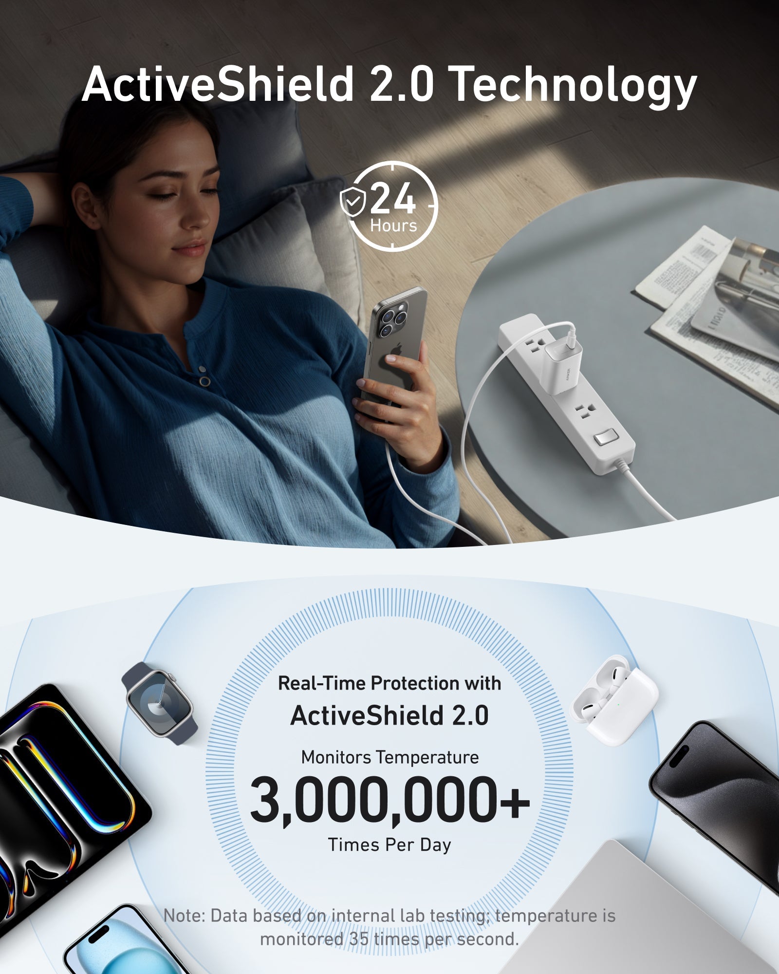 Woman using a smartphone with ActiveShield 2.0 technology displayed, showing real-time protection features.