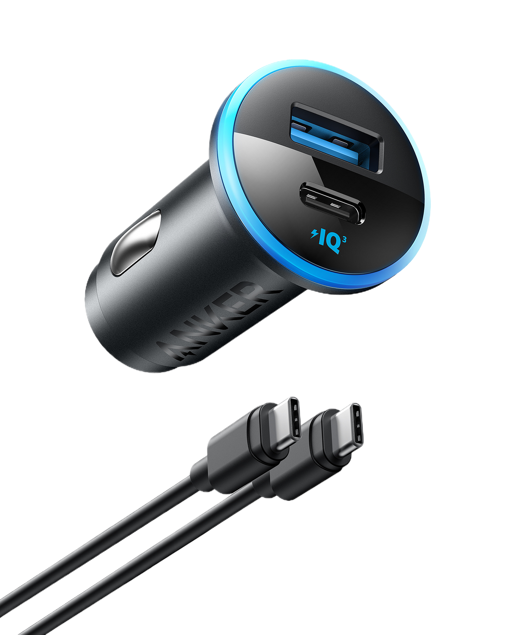 Car charger with dual USB ports and a USB-C cable on a white background