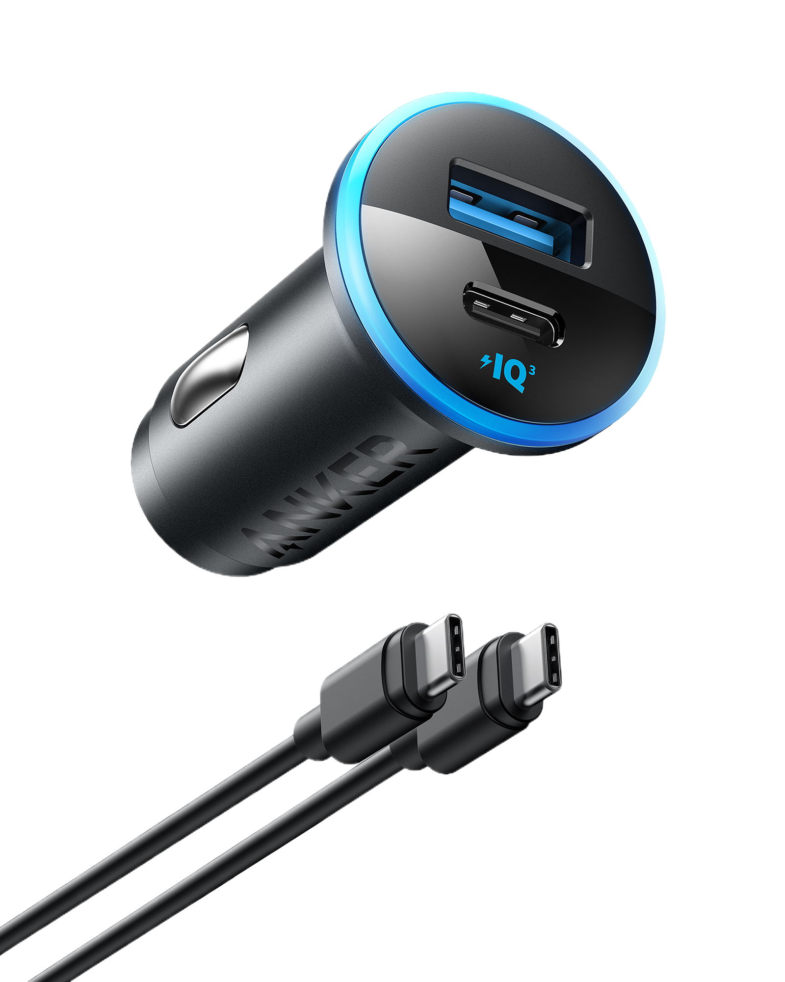 Car charger with dual USB ports and a USB-C cable on a white background
