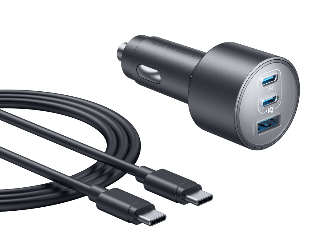 Car charger with two USB ports and a USB-C cable on a white background