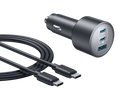 Car charger with two USB ports and a USB-C cable on a white background