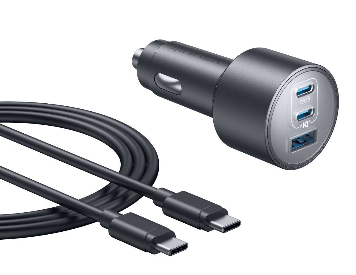 Car charger with two USB ports and a USB-C cable on a white background