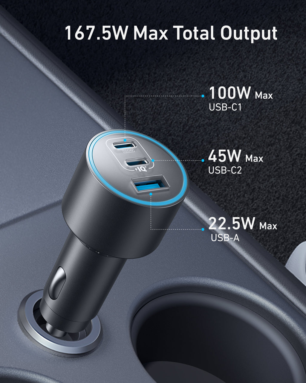 Car charger with USB ports and power output details on a dark background