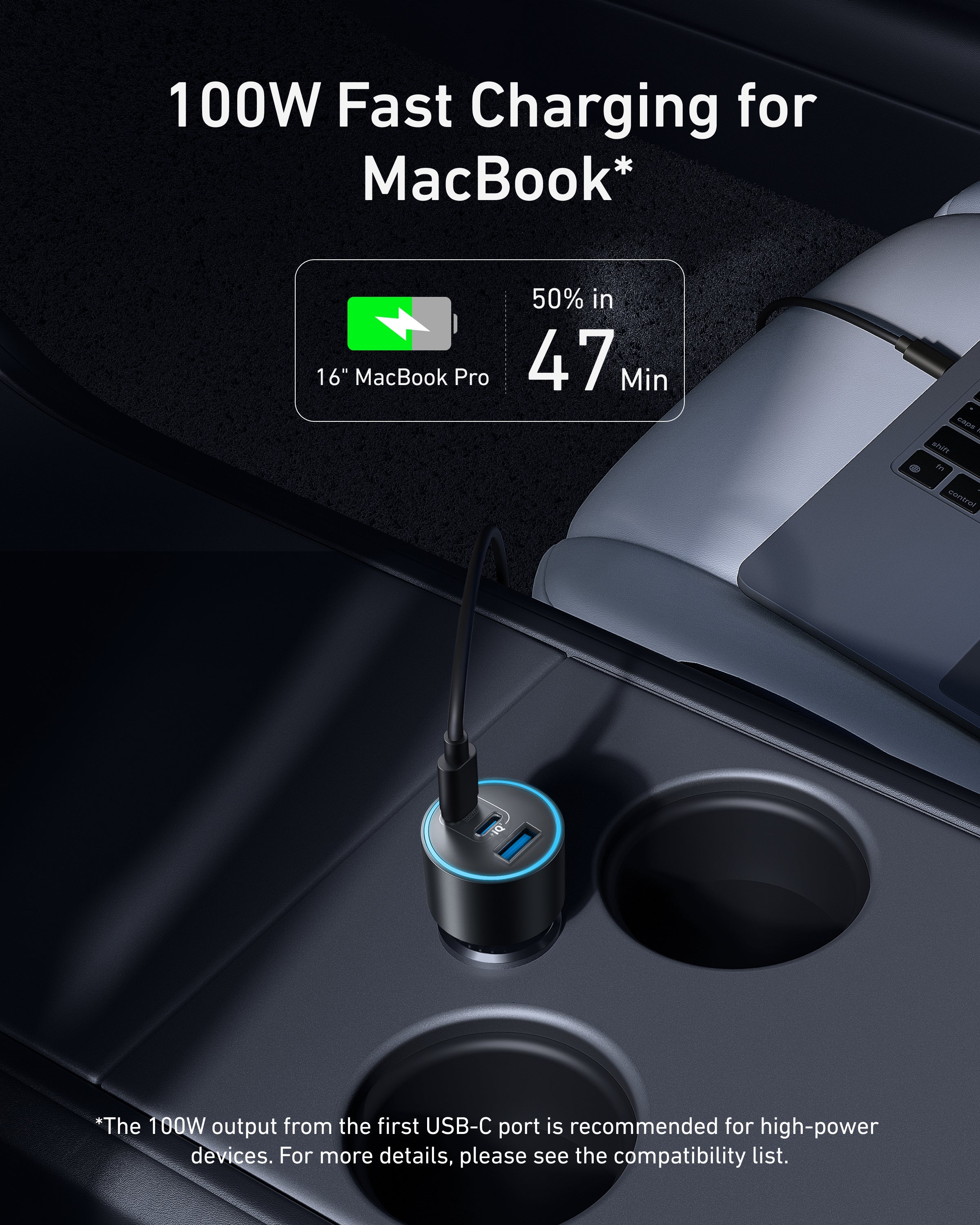 Car charger for MacBook with fast charging text and laptop in cup holder.