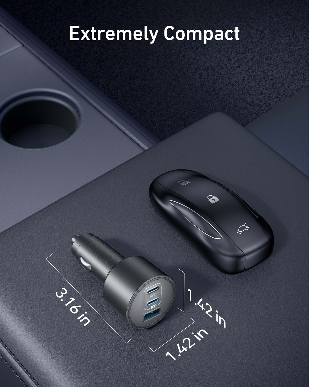Car charger and key fob on a car dashboard with dimensions indicated.
