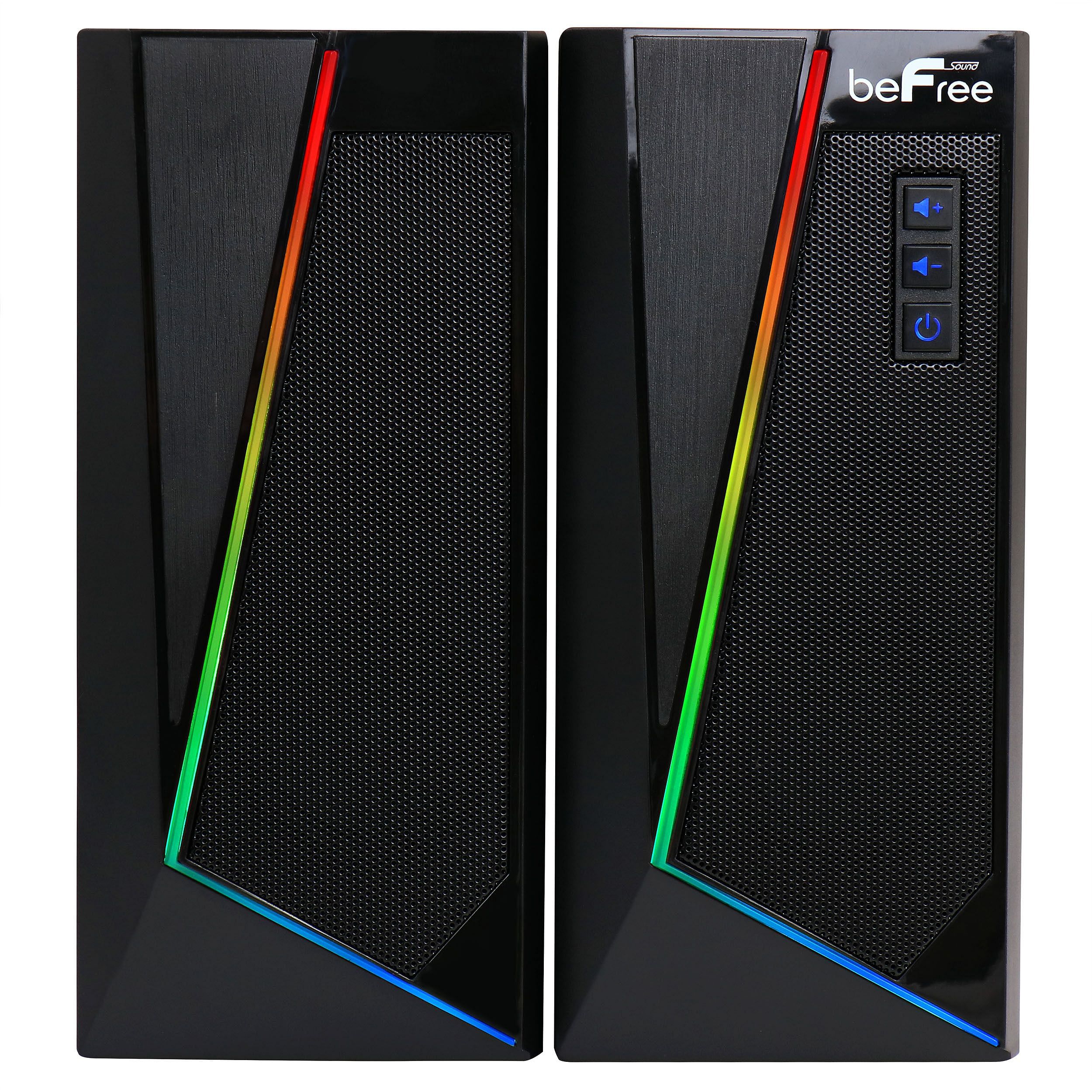 Two black computer cases with colorful LED lights on a white background