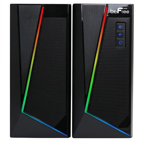 Black computer speakers with colorful LED lights on a white background