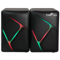 Black speakers with RGB lighting on a white background, featuring the 'befeefree' brand.