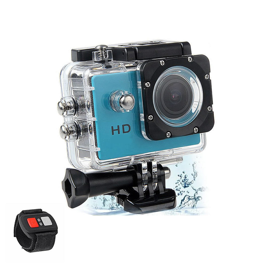 Action camera with blue front panel and black accents on a white background