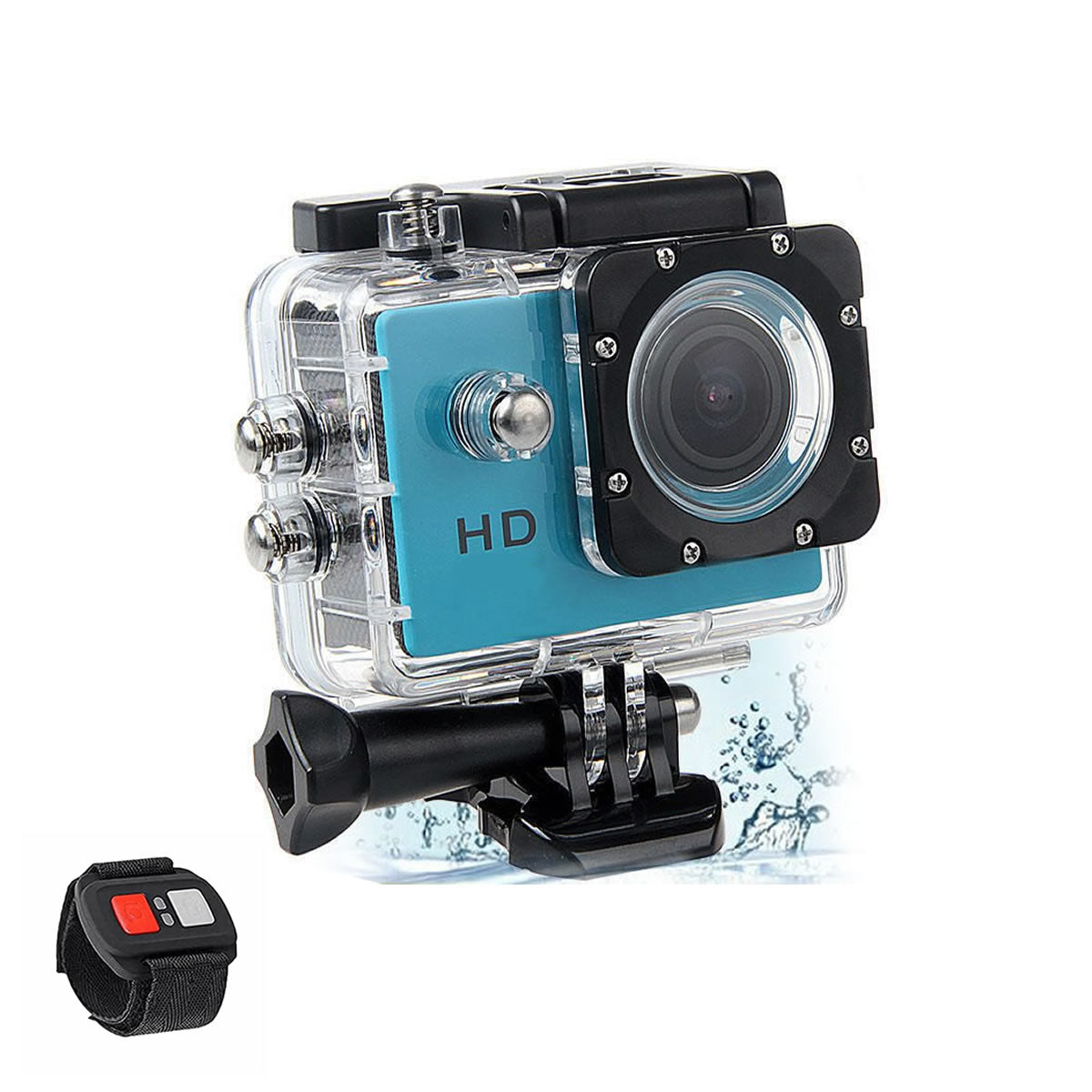 Action camera with blue front panel and black accents on a white background