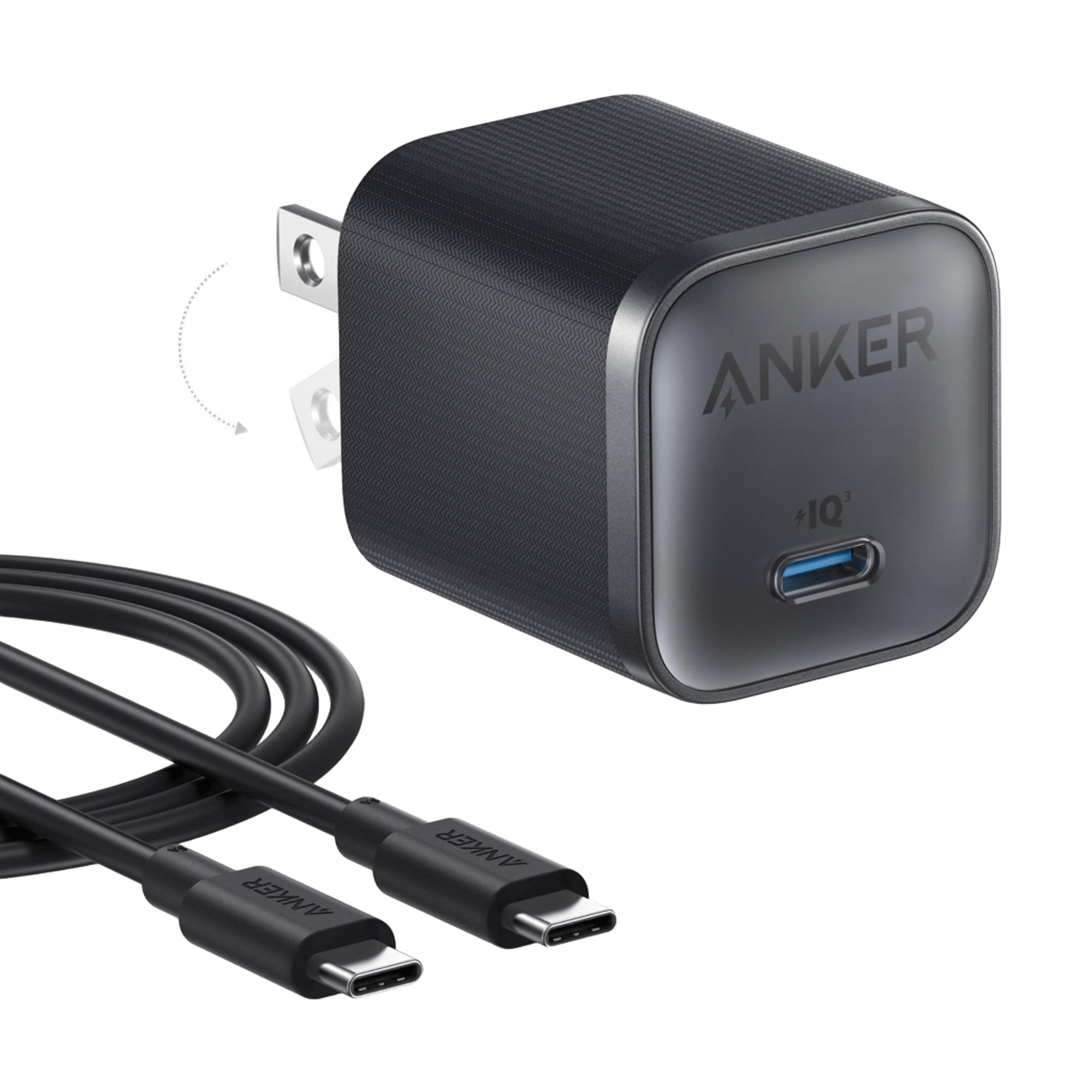 Anker power adapter with USB-C cable on a transparent background