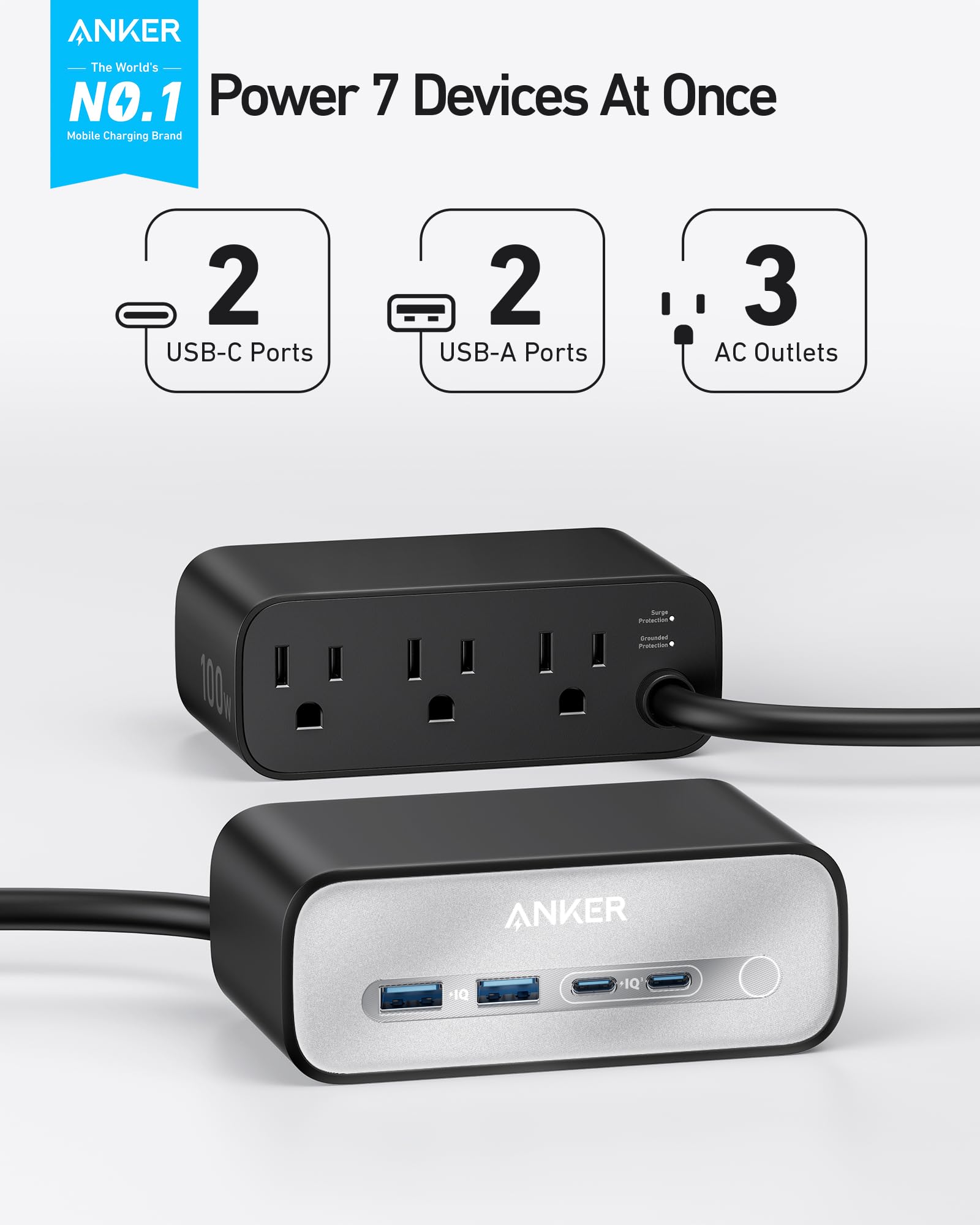Anker power strip with multiple ports on a white background