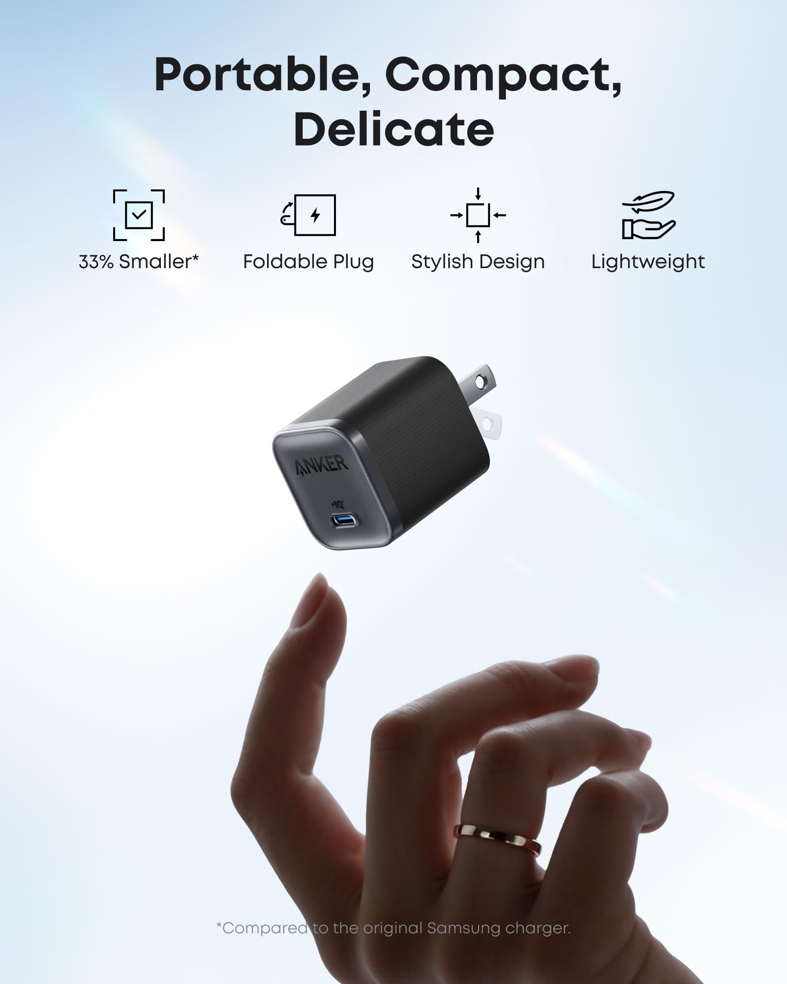 Foldable plug with hand holding it, labeled as portable, compact, delicate on a light blue background.