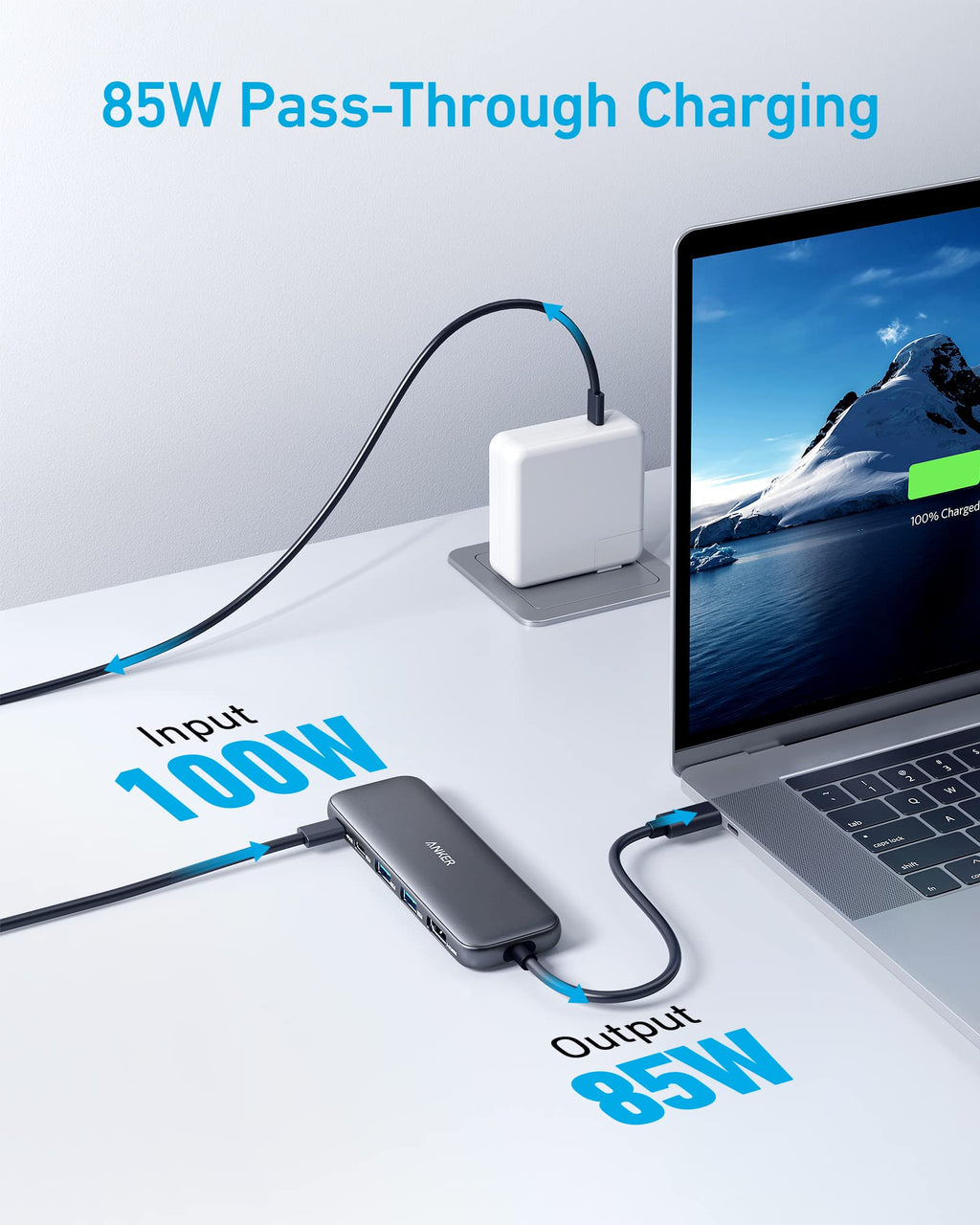 85W pass-through charging setup with laptop, adapter, and cable on a white surface.