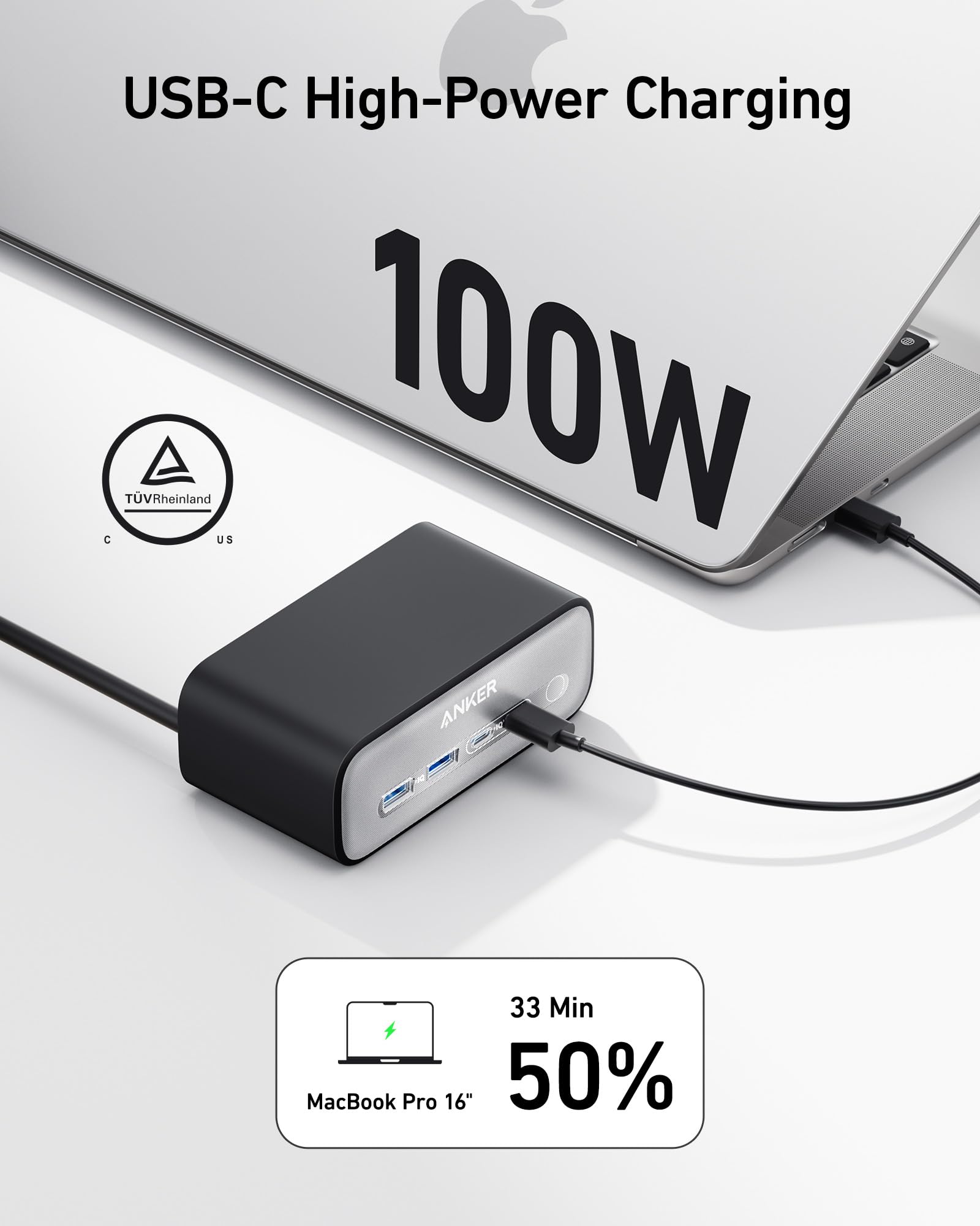 USB-C high-power charging adapter with laptop and charging time display on a white background