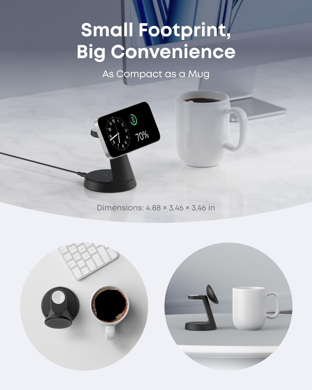 Small device on a desk with coffee and laptop, emphasizing compactness.