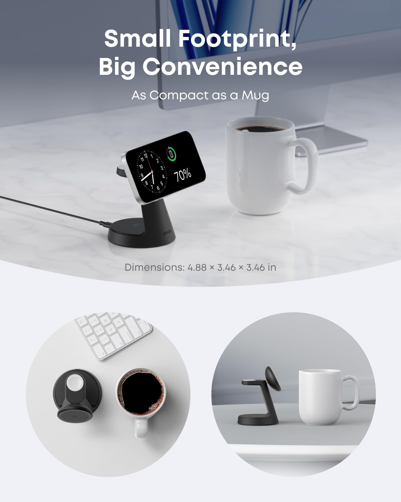 Small device on a desk with coffee and laptop, emphasizing compactness.