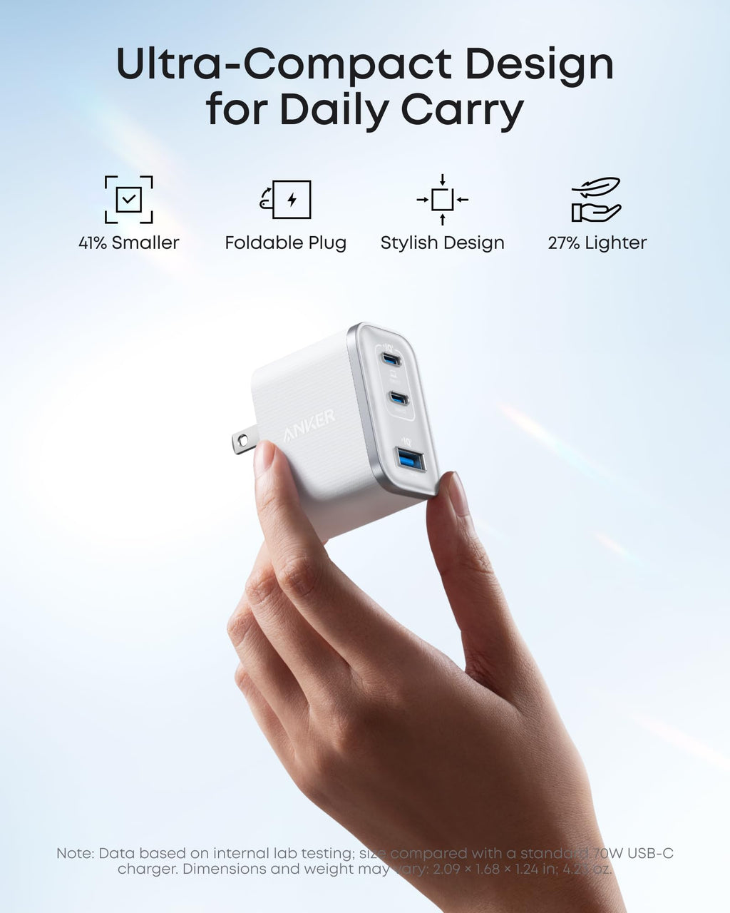 Hand holding a compact USB-C charger with features listed on a light blue background