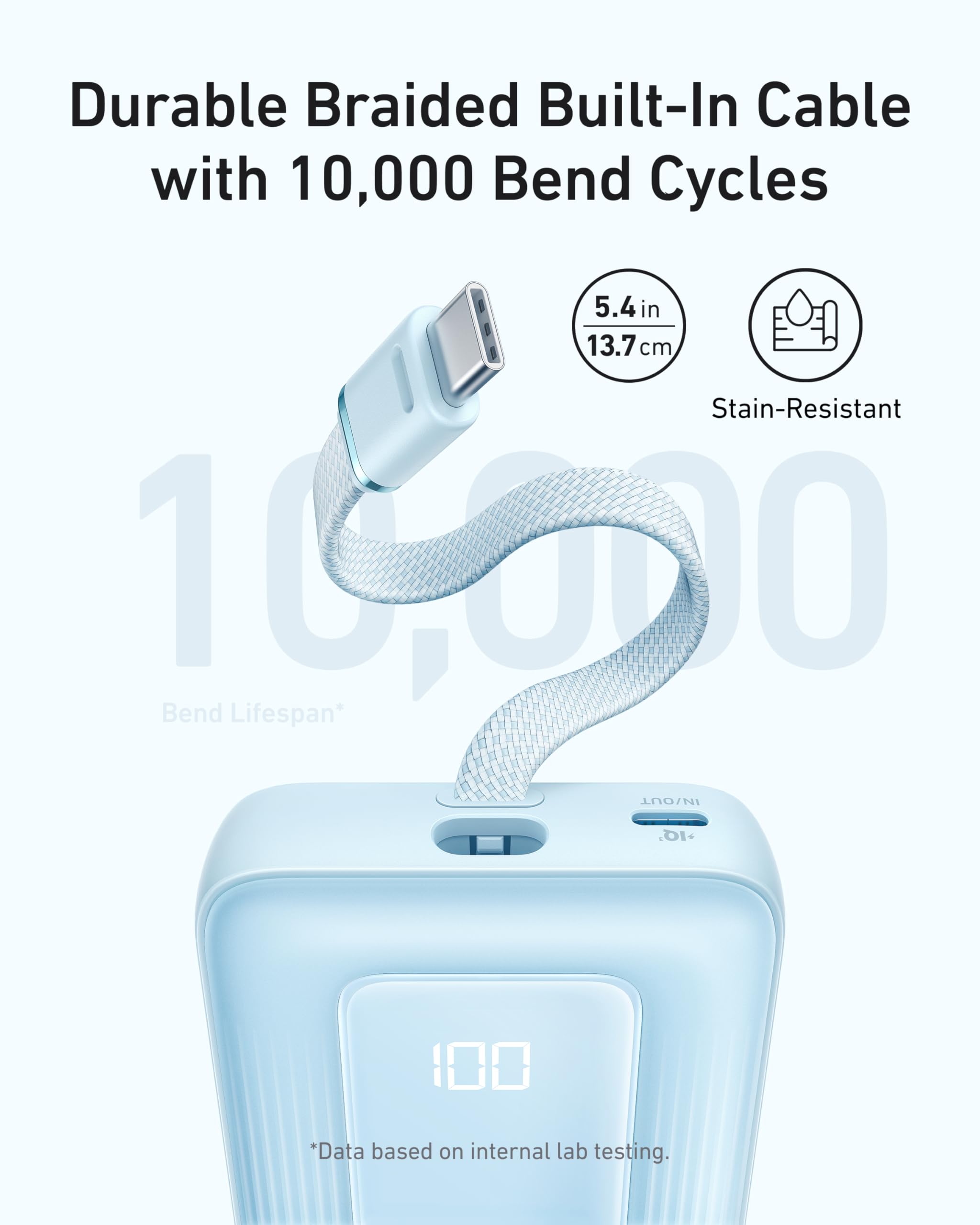 Power bank with durable braided cable on a white background