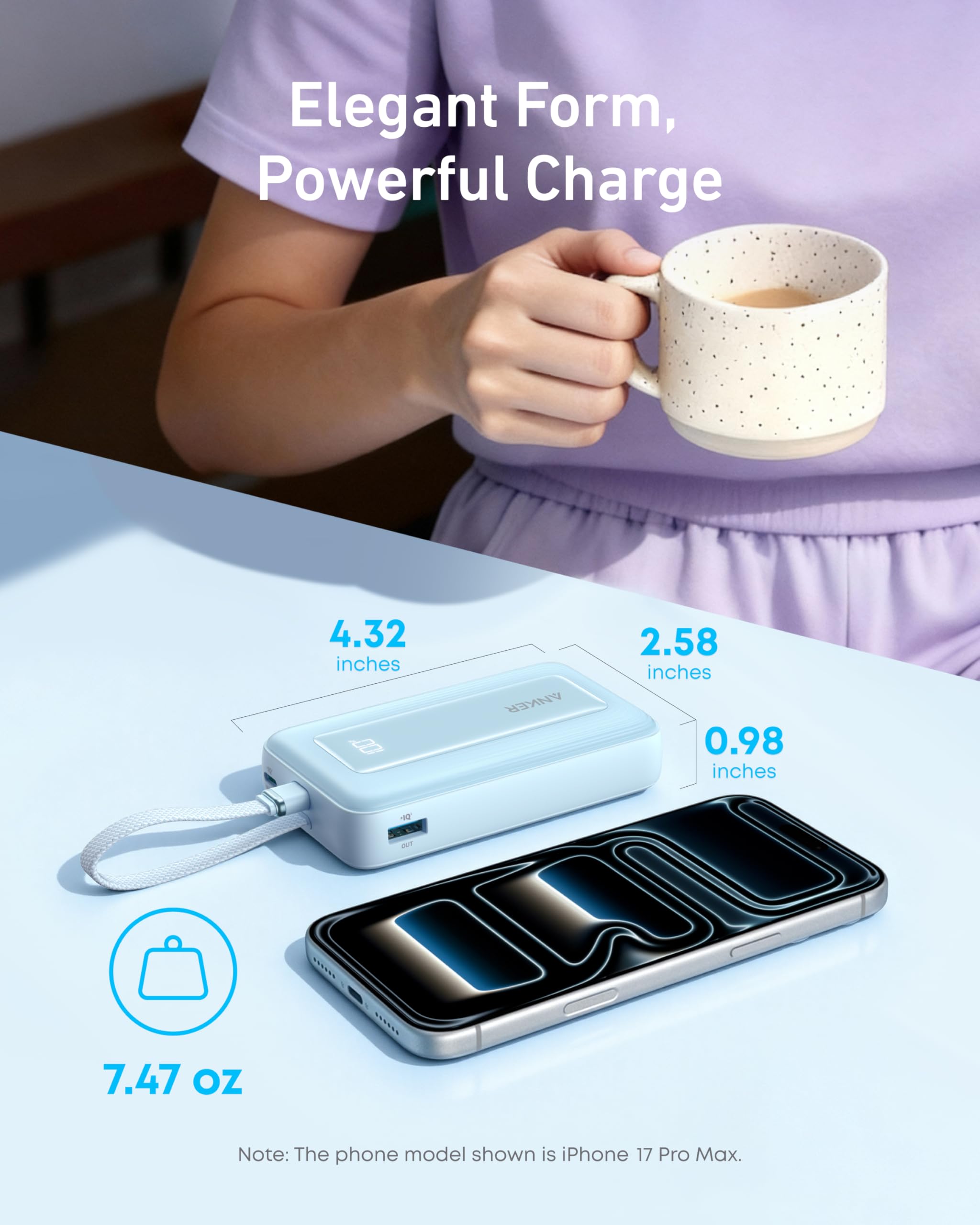 Person holding a mug with a power bank and phone on a table, showing dimensions and weight.