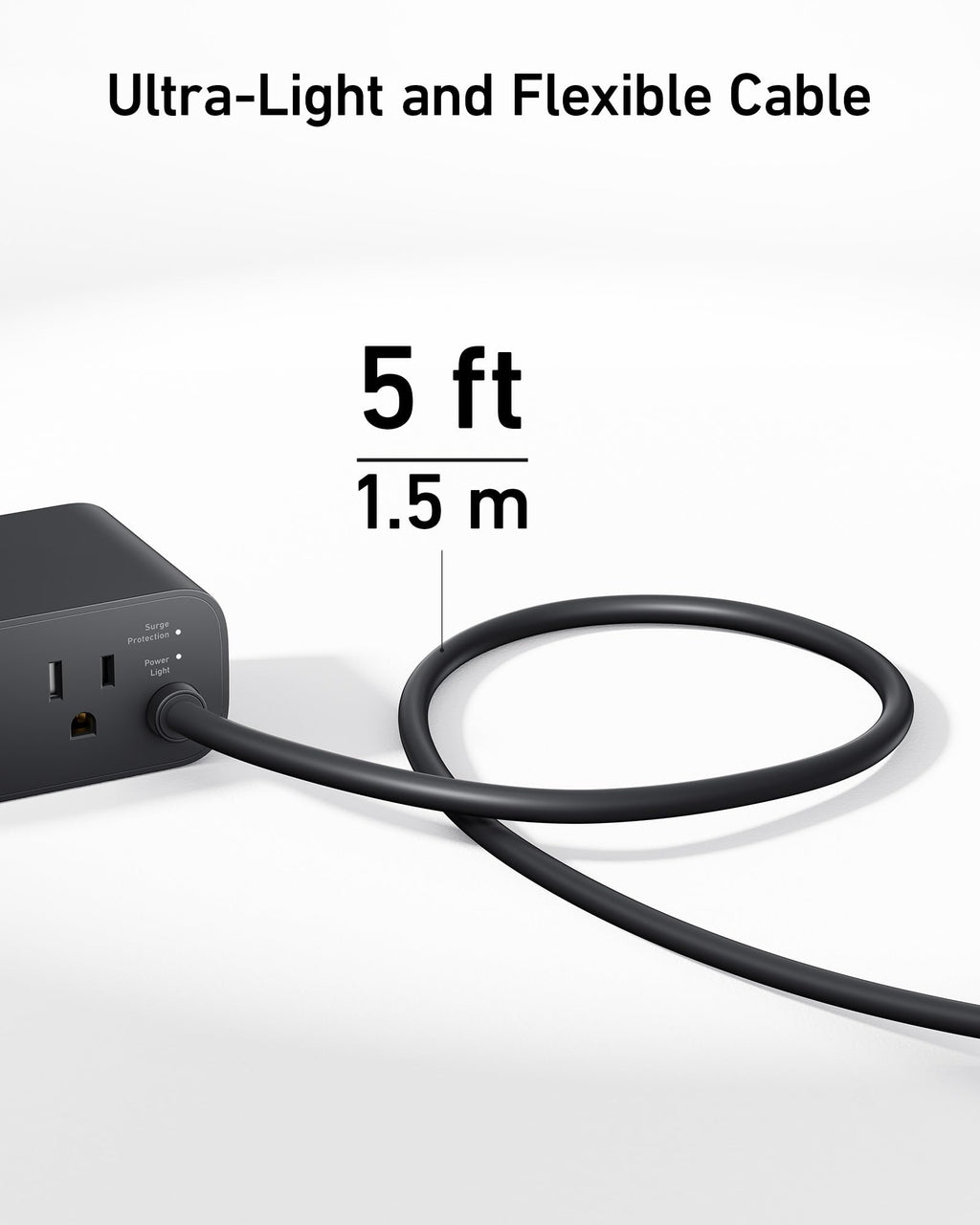 Black power adapter with ultra-light and flexible cable on a white background