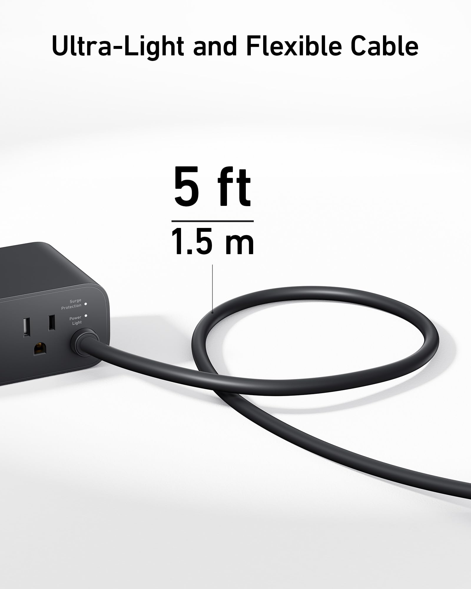 Black power adapter with ultra-light and flexible cable on a white background