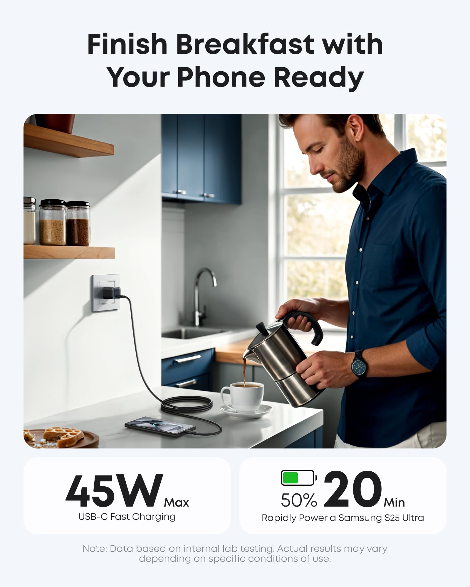 Person in a kitchen using a phone with a charging cable, text about USB-C fast charging.