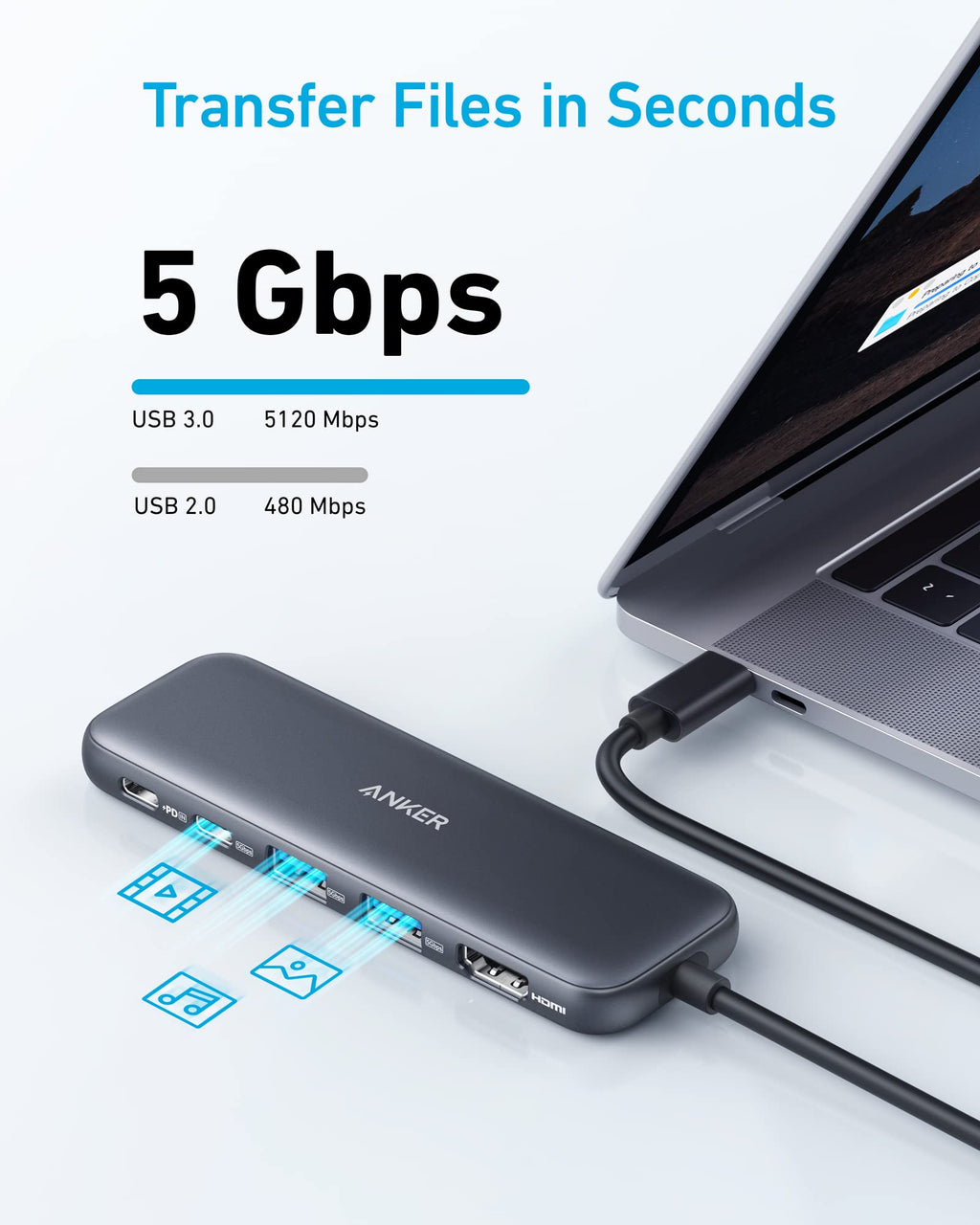Anker USB hub with laptop on a light gray background, highlighting transfer speed.